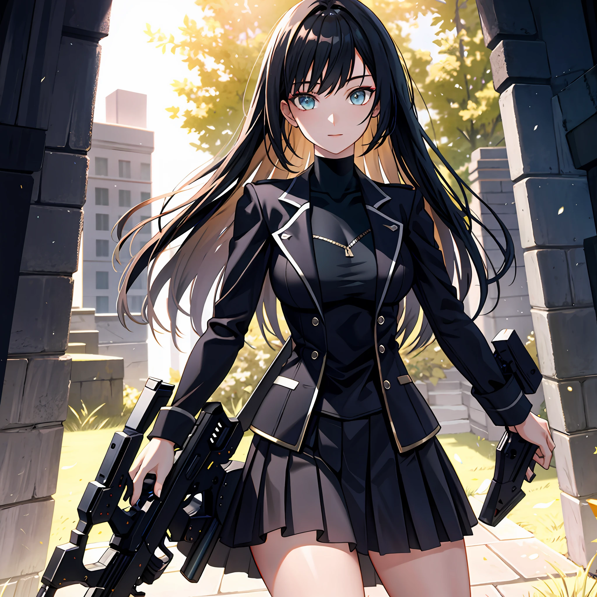 Anime girl with gun and gun in hand walking through a gate - SeaArt AI