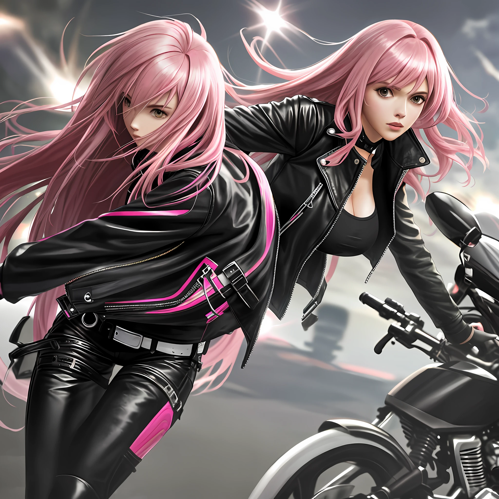 Anime girl with pink hair riding a motorcycle on a city street - SeaArt AI