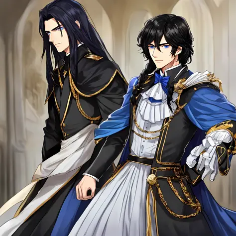 a handsome young prince with long black hair, and his beautiful blue eyes, he is wearing a gentleman's outfit with a beautiful b...