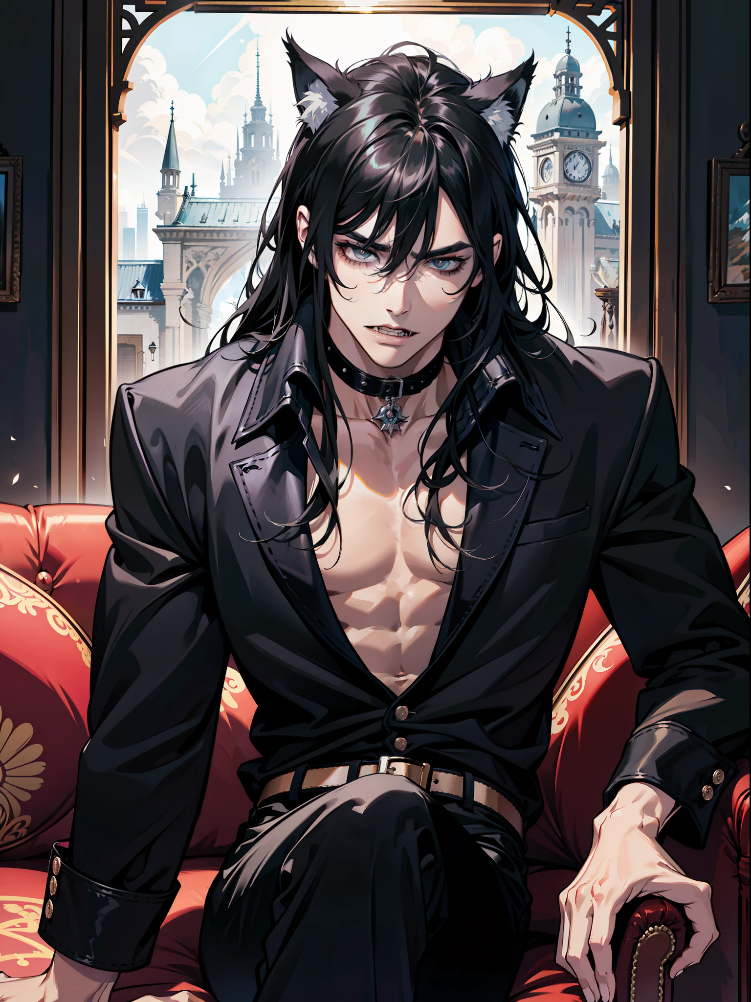 (absurdres, highres, ultra detailed), 1 male, adult, handsome, tall muscular guy, broad shoulders, finely detailed eyes and detailed face, black very long hair, gray eyes, handsome, fantasy, gothic, wolf ears, wolf tail, Sunlight, Fantastic light and shadow, Scenery, portrait, vampire fangs, open mouth, sexy, attractive, full body, tongle, no clothes, no shirt,, Dog Collar, bangs, cute face, sitting on the couch, black leather pants, no shirt