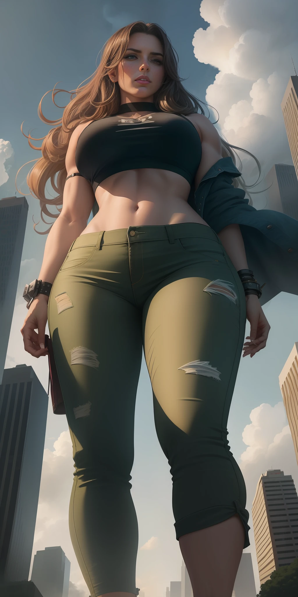 "A towering Giantess in a cool and laid-back hippie style is rocking a crop top and baggy pants. Her toned and athletic build hints at her massive strength. She seems to be casually strolling through the bustling cityscape of GTS City, as towering buildings loom overhead. Smoke and clouds roil around her, adding to the sense of epic scale and drama. The lighting is dark, gloomy, and realistic, creating a tense and ominous atmosphere. The perspective is from below, emphasizing the sheer majesty and power of the Giantess."