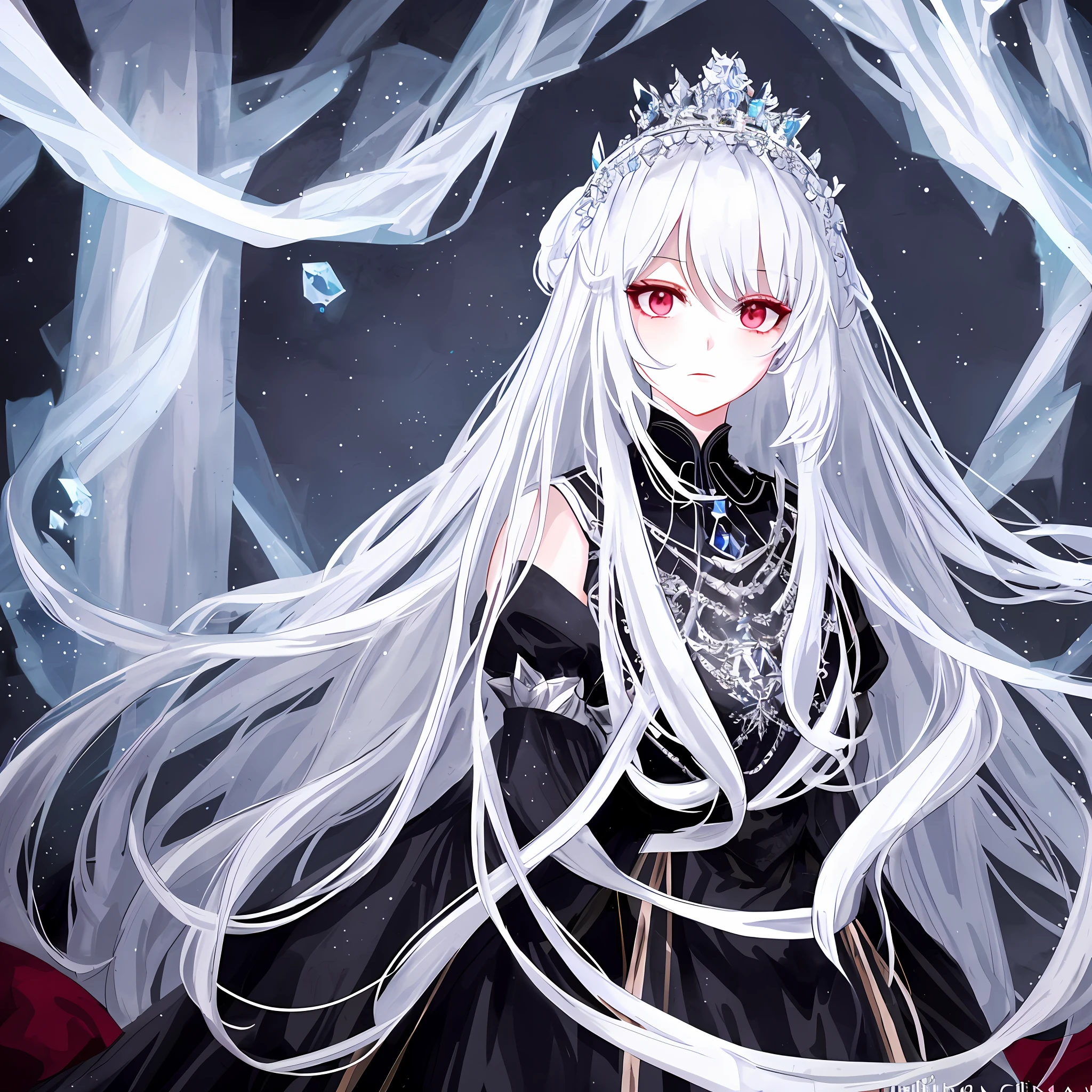 A beautiful lady from the ice kingdom, with her beautiful long black hair and her beautiful blue eyes, she is wearing her beautiful white and elegant queen's dress and has a beautiful crown on her head, her face is beautiful and delicate