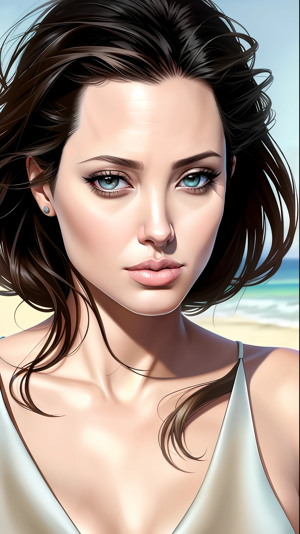 Crear angelina Jolie hermosa, en la foto la obra de arte más bella del mundo, Con una mujer punk moderna, apoyado contra una camioneta en una playa de California, tendencia en artstation, sociedadcg, Intrincado, Alto detalle, enfoque nítido, dramático, pintura fotorrealista de greg rutkowski