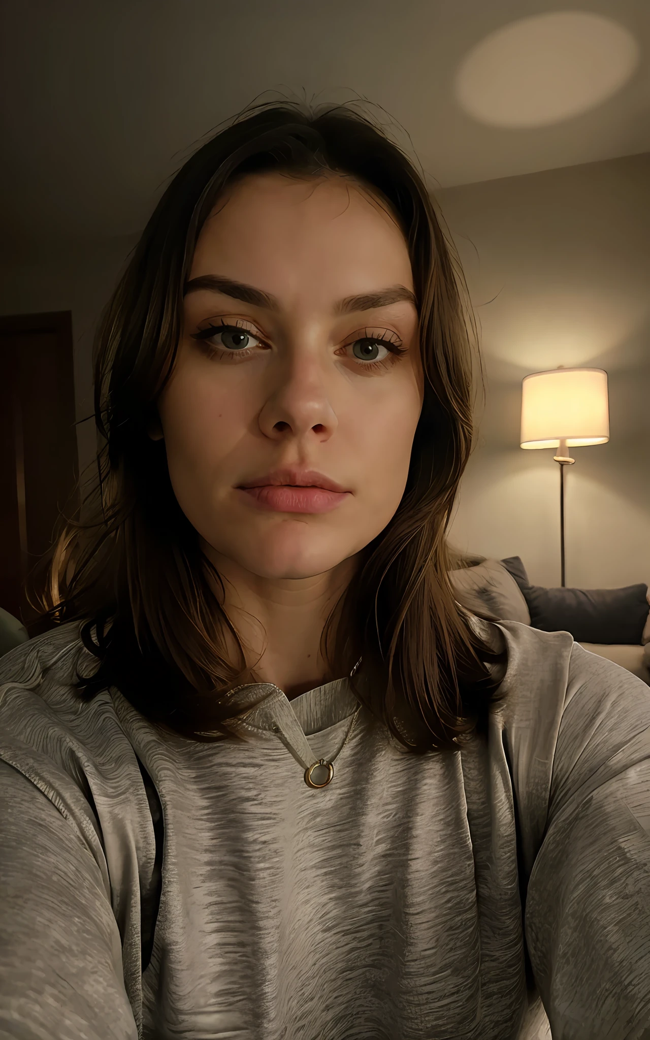 1 woman ((upper body selfie, sad)), masterpiece, best quality, ultra-detailed, solo, in the living room, (night), (warm hue, warm tone: 1.2), close-up, cinematic light, side lighting, ultra high resolution, best shadow, RAW, upper body, wearing pullover