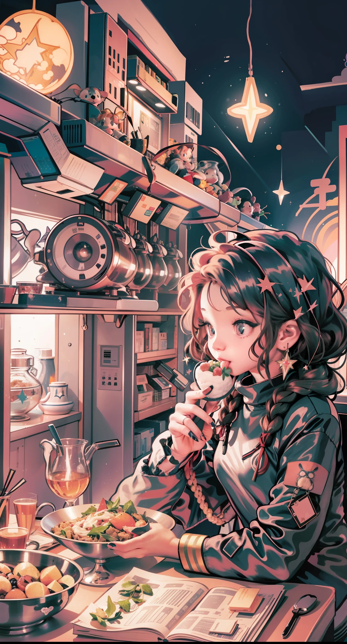 1 girl,chibi, neko, adorable, eating food,  fireworks,  festival, stars, moon, evening, masterpiece, best quality,