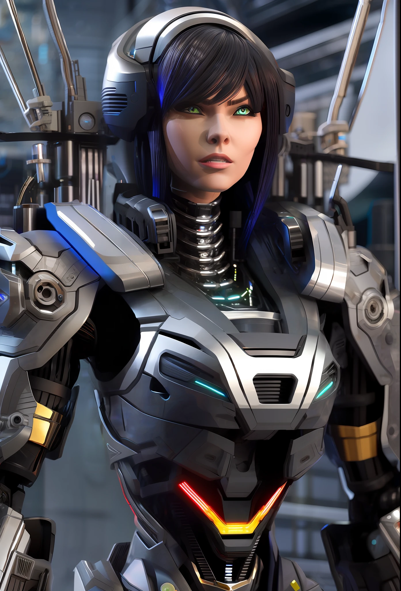 Full body photo, Humanoid robot woman, half human half robot body in robotic suit, with power cables, blue lights on chest, she has the ((half human head and half with robot parts showing)), short blue hair, one green eye, looking at the viewer, from the front, big breasts, body half human and half mechanical, she is in a futuristic city at war between humans and machines, she is holding futuristic weapons of large caliber, cyberpunk, troll, anime, Pop art, masterpiece, 16k, high details, UHD, best quality