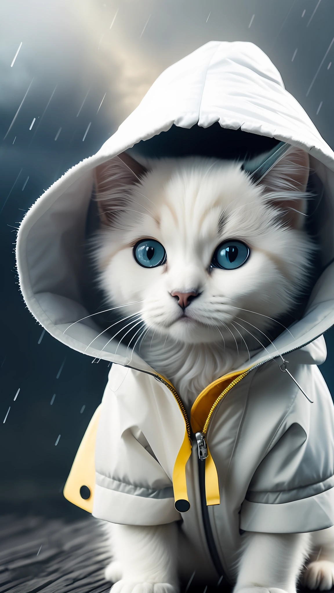 Chiot chat de couleur blanche portant un imperméable, Temps orageux, avec un éclairage cinématographique et des détails ultra réalistes, photo réaliste, photographie cinématographique, incroyablement détaillé, Éclairage de cinéma