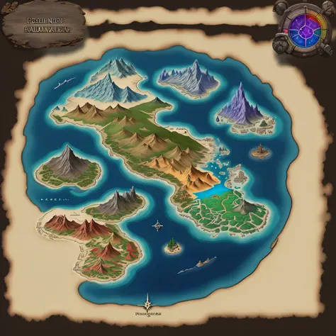 Colorful RPG world map with islands, peninsulas, forests, desert, glacier, area of darkness