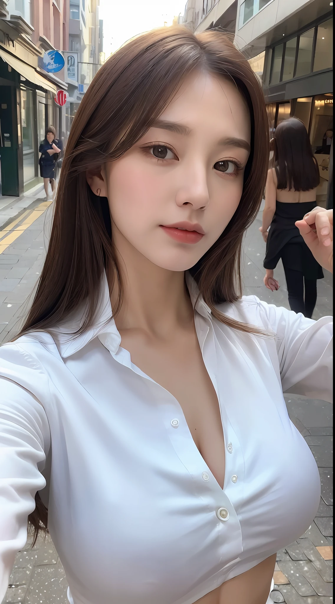 ((Best quality, 8k, Masterpiece :1.3)), Sharp focus :1.2, A pretty woman with perfect figure :1.4, Slender abs :1.2, ((Dark brown hair, Big breasts :1.2)), (White button up long shirt :1.1), City street:1.2, Highly detailed face and skin texture, Detailed eyes, Double eyelid
