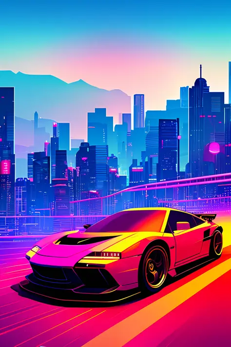 mdjrny-pntrt illustration style, Cyberpunk car, race track, contrasting color palette