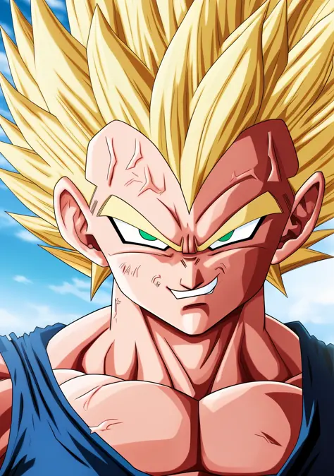 A Majin2 portrait, digital art, blonde, blonde eyebrows, digital art, clenched fists, looking, full head, anatomically correct, (((8k resolution)))), M on front, copy of Majin Vegeta by Dragon Ball Z, 1 master character piece, super definition.