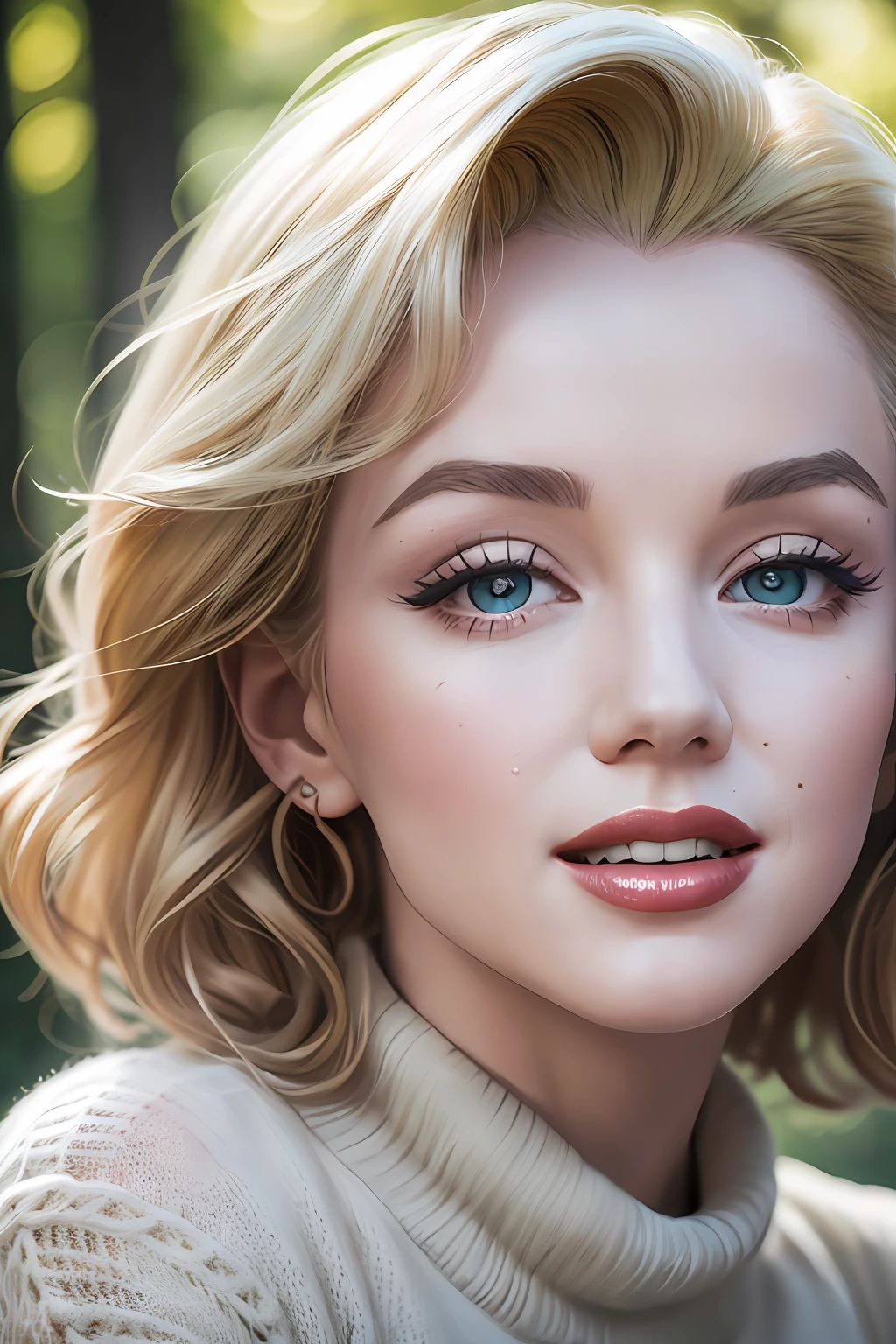 marilyn monroe wearing sweater, portrait, beautiful face, pretty eyes, outside, portrait, park, trees, teeth, eyes open, ward winning photo, best quality, upper body, JenniferConnelly, nikon d850 film stock photograph 4 kodak 400 camera f1.6 lens rich colors hyper realistic lifelike texture natural lighting trending on artstation cinestill 800, (100mm lens),