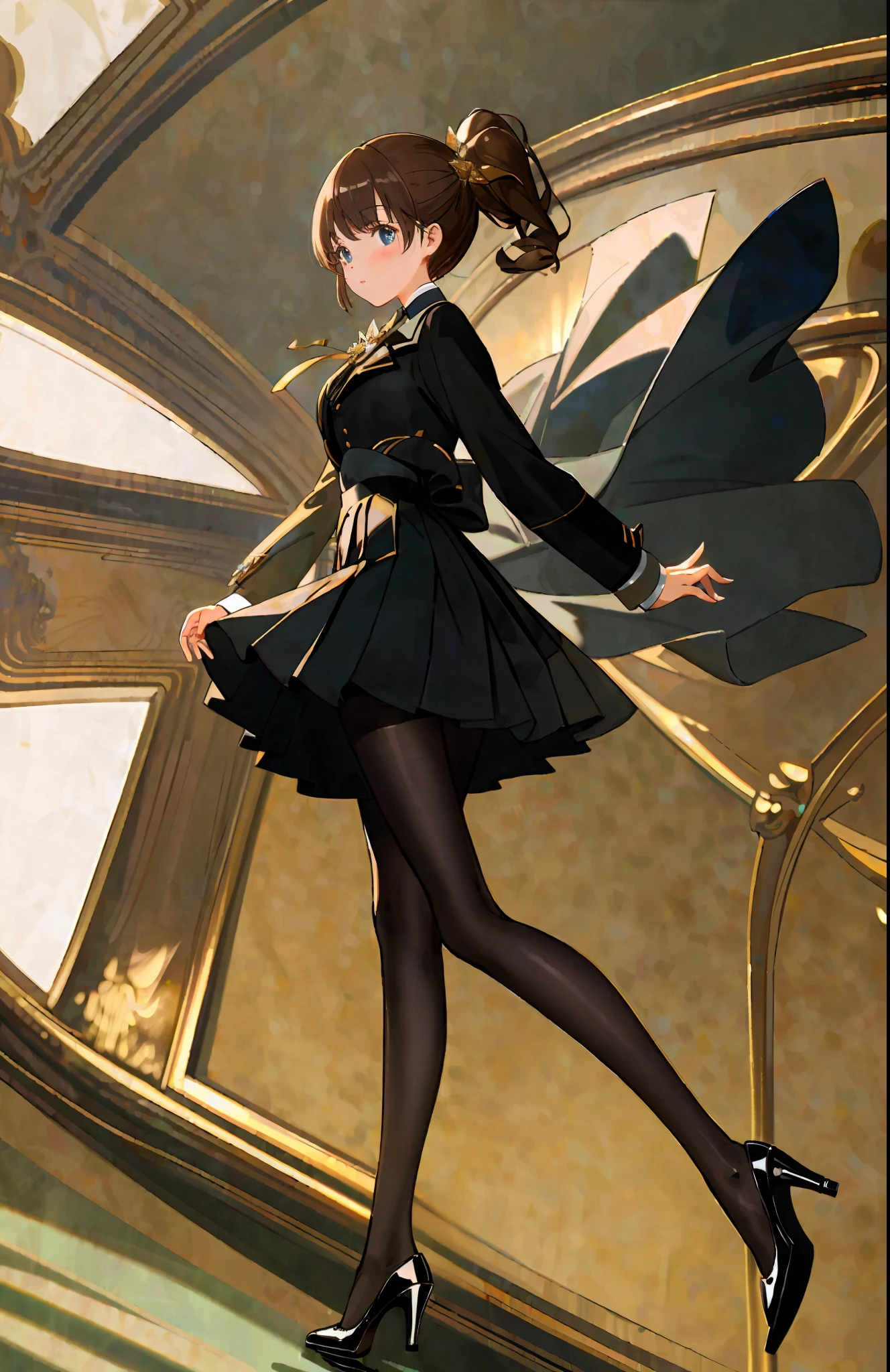 Anime girl in a black dress and black shoes standing in front of a clock -  SeaArt AI