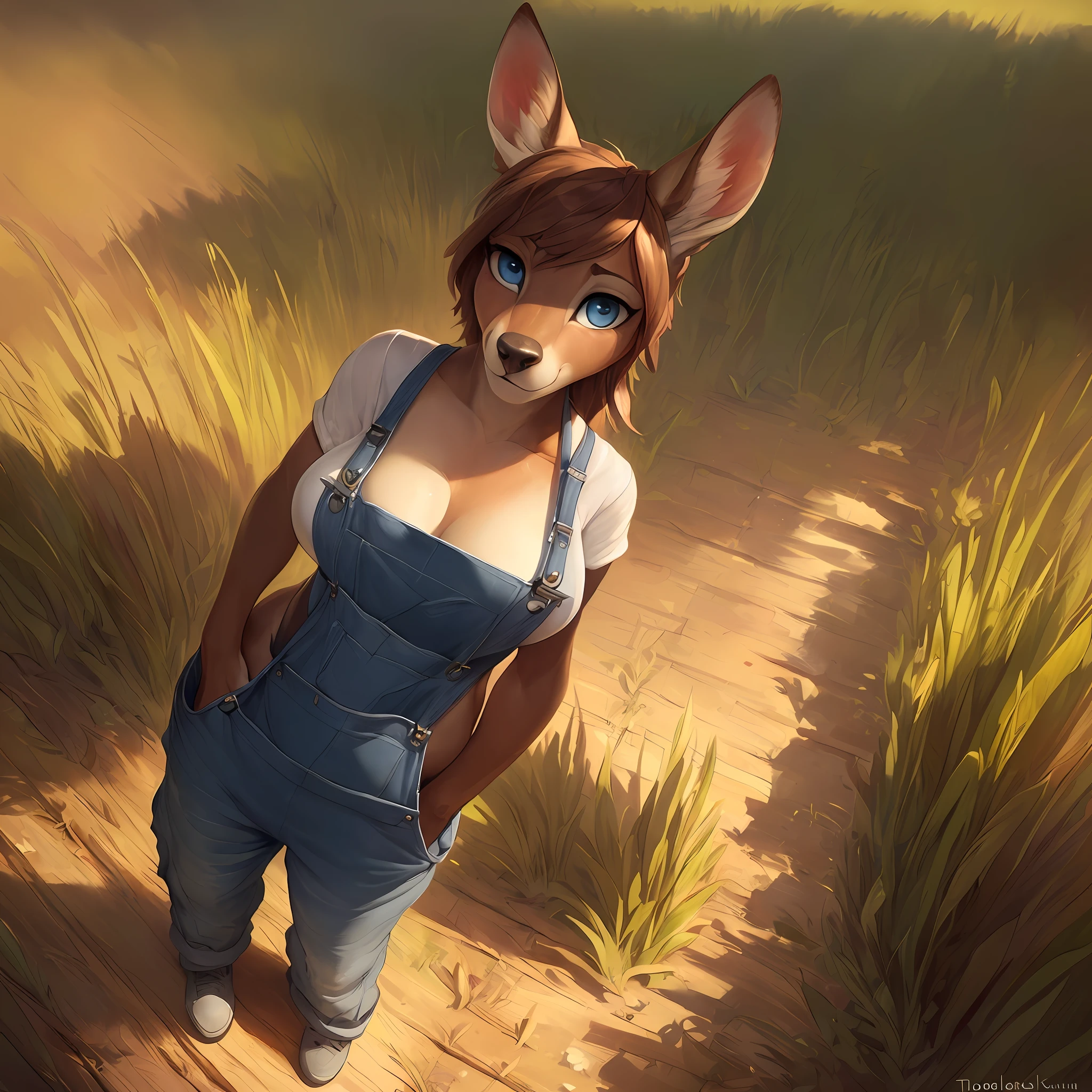 uploaded on e621, by Pixelsketcher, by Bayard Wu, by Thomas Benjamin Kennington , by Einshelm, solo anthro female deer doe with ((nice breasts)) and (fluffy tail) and ((clear navy blue eyes)), (( full body portrait)), BREAK, ((wear dirty work overalls)), sweaty, nervous, embarrassed (detailed Bonifasko lighting), (detailed fur), (detailed skin), BREAK, ((facing viewer and leaning against a wooden fence in a field of crops with hand between legs)), (cinematic lighting), ((detailed background)), ((high-angle view)), (three-quarter view), (half body shadow), [backlighting], [crepuscular ray], [detailed ambient light], [gray natural lighting], [ambient light on the belly], (higher wildlife feral detail), [explict content], [sharp focus], (questionable content), (shaded), ((masterpiece)), BREAK