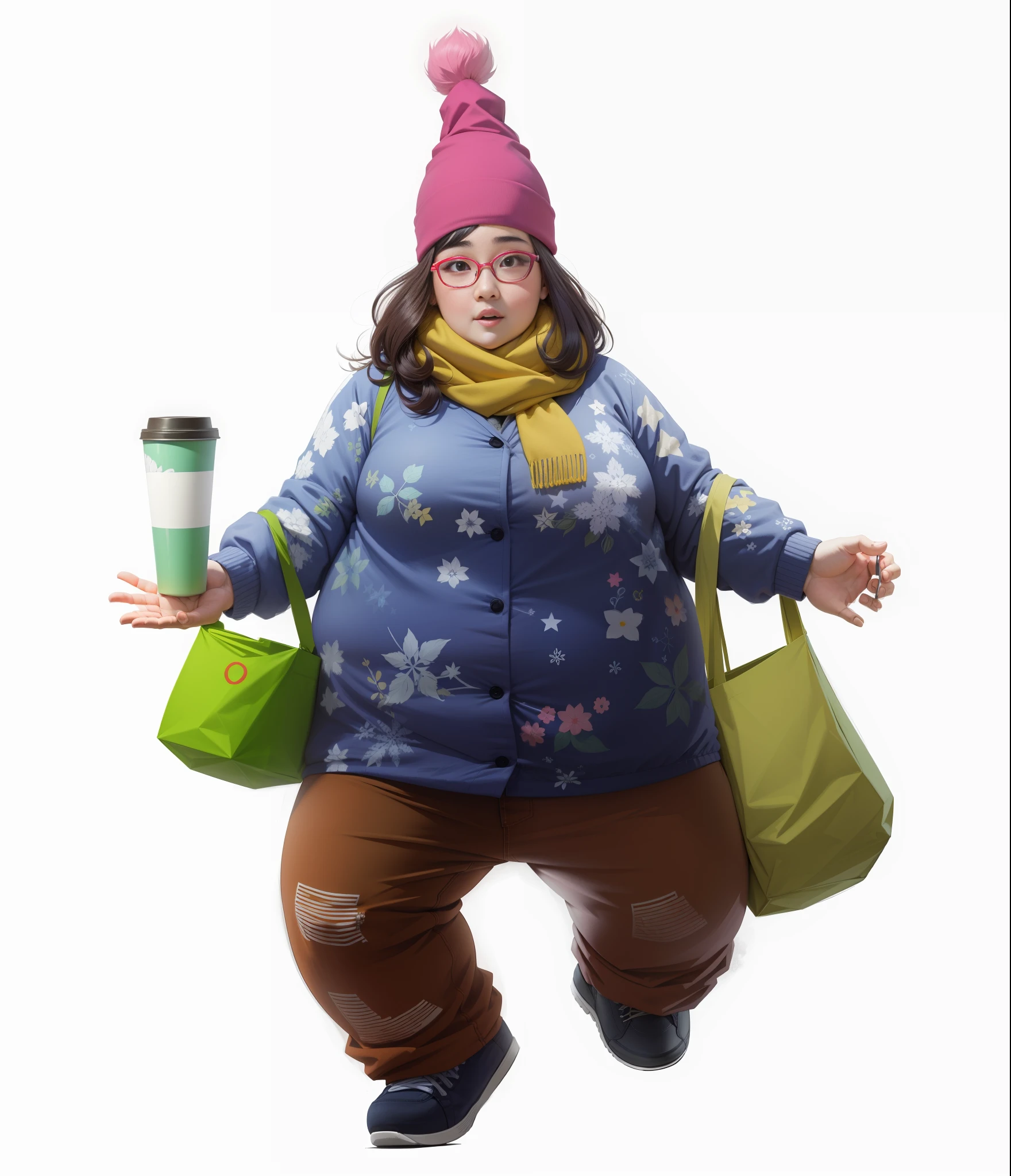 Araffe dressed in a blue jacket and brown pants holding a green bag and a  green bag - SeaArt AI