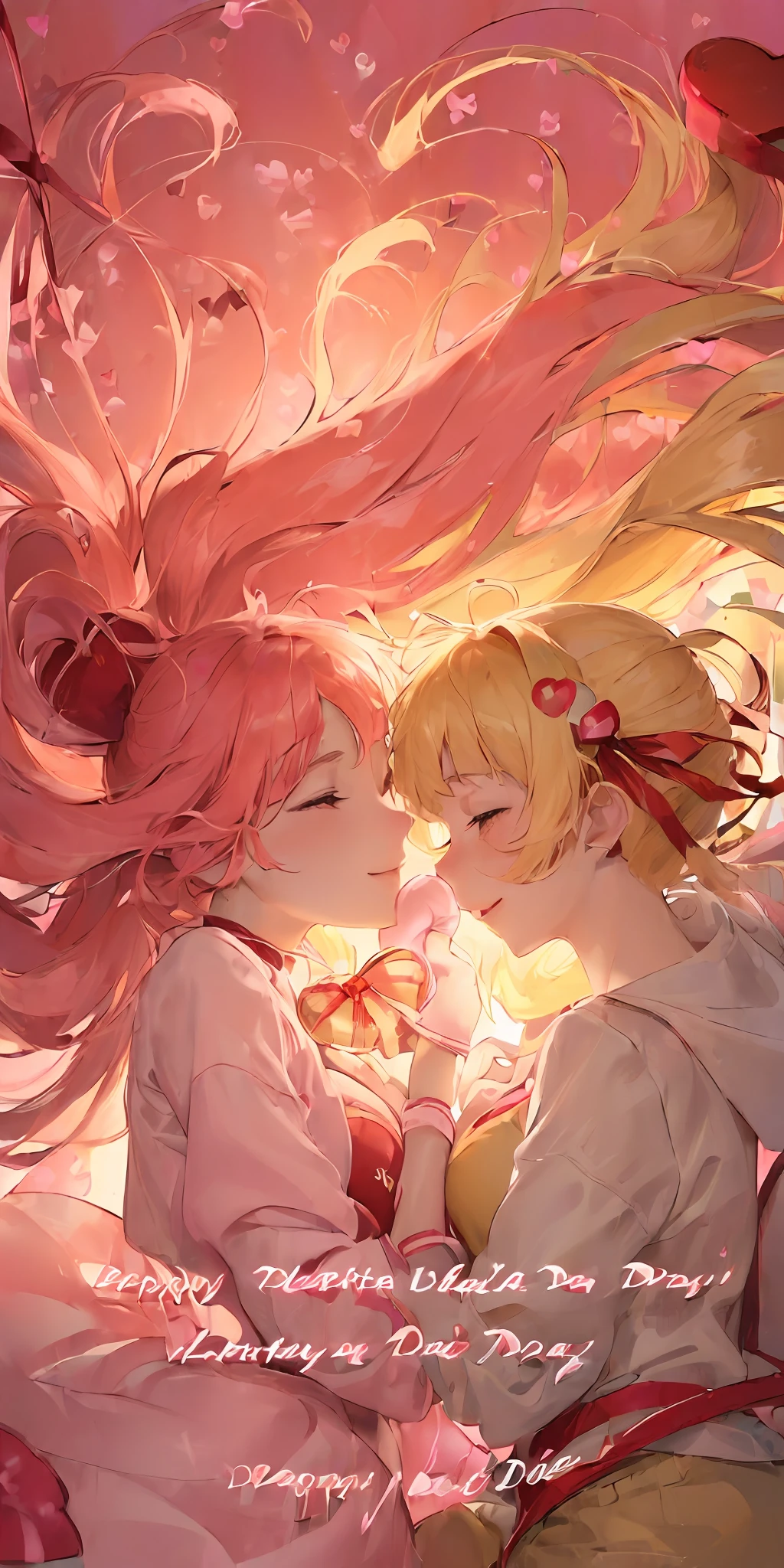 Anime couple kissing in the air with pink flowers and hearts - SeaArt AI