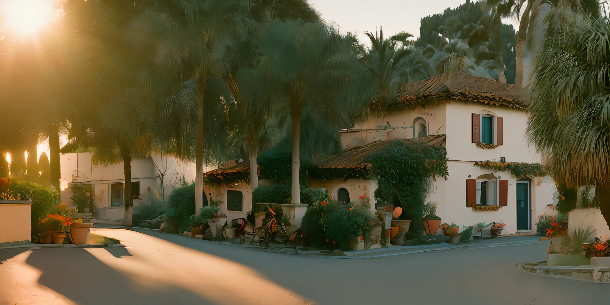 Analog style Portrait taken from an Italian porch, looking into the center of an Italian village at sunset, grain, sunrays, flowers, plants, palm trees