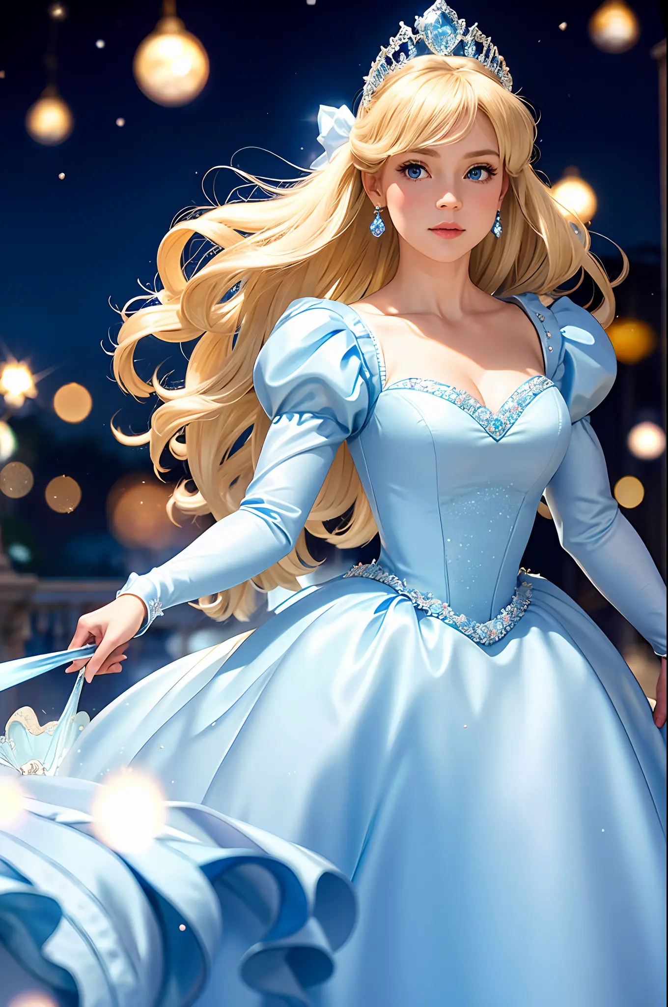 (Gorgeous Cinderella:1.2),coronation,white ballgown,huge puffed sleeves,enormous hoopskirt, blonde hair, blue eyes,sparkling tia...