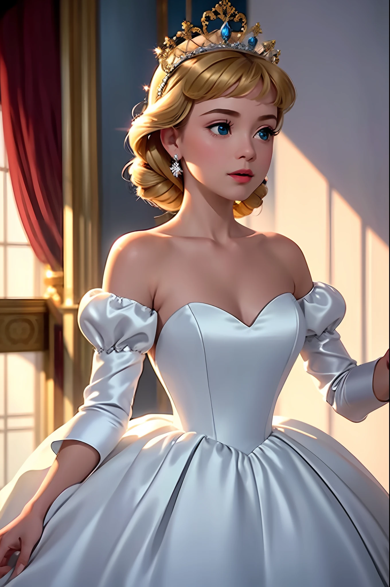 (Masterpiece) Beautifully rendered CG portrait of (1girl) Cinderella at her coronation, wearing a stunning white satin ballgown with enormous puffed sleeves and an enormous hoopskirt. The dress should be ultra-detailed and intricately designed, with a dynamic pose and expression that exudes grace and elegance. Focus on capturing the gorgeous blonde hair and stunning facial features, and the subtle play of light and shadow that accentuates the dress's voluminous silhouette.