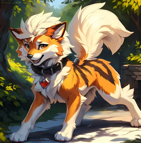 (feral) female arcanine is blushing and panting from pleasure with a collar that is walking and looking from behind and looking ...