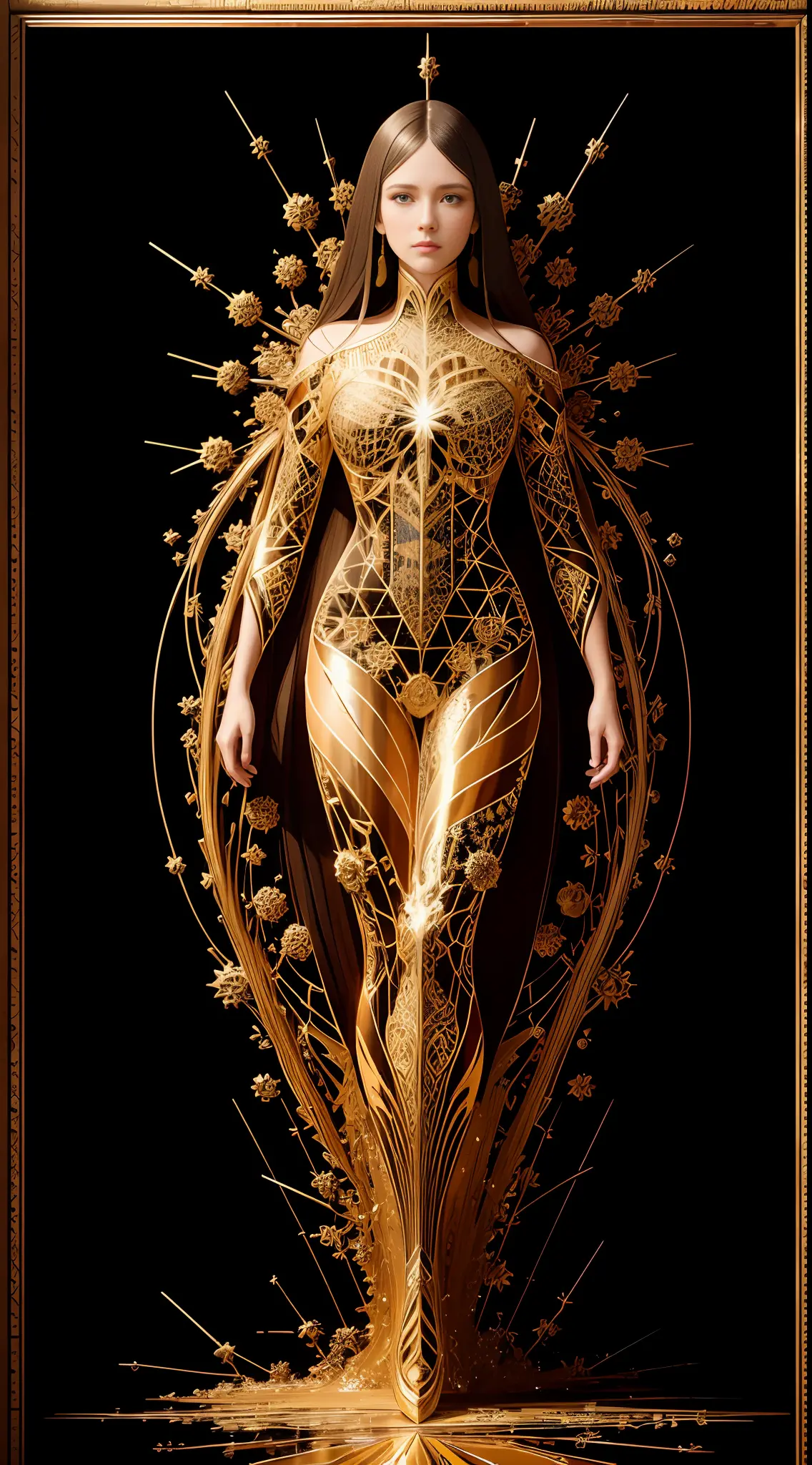 beautiful symmetrical full body photo painted in oil with thick brushstrokes and wet paint, fibonacci, golden ratio, melted wax,...