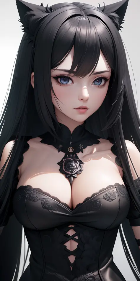 a close up of a woman in a black dress with a cat ears, 3 d render character art 8 k, game cg, perfect android girl, portrait knights of zodiac girl, artgerm ; 3d unreal engine, beautiful female android!, digital fantasy character, 8k high quality detailed...