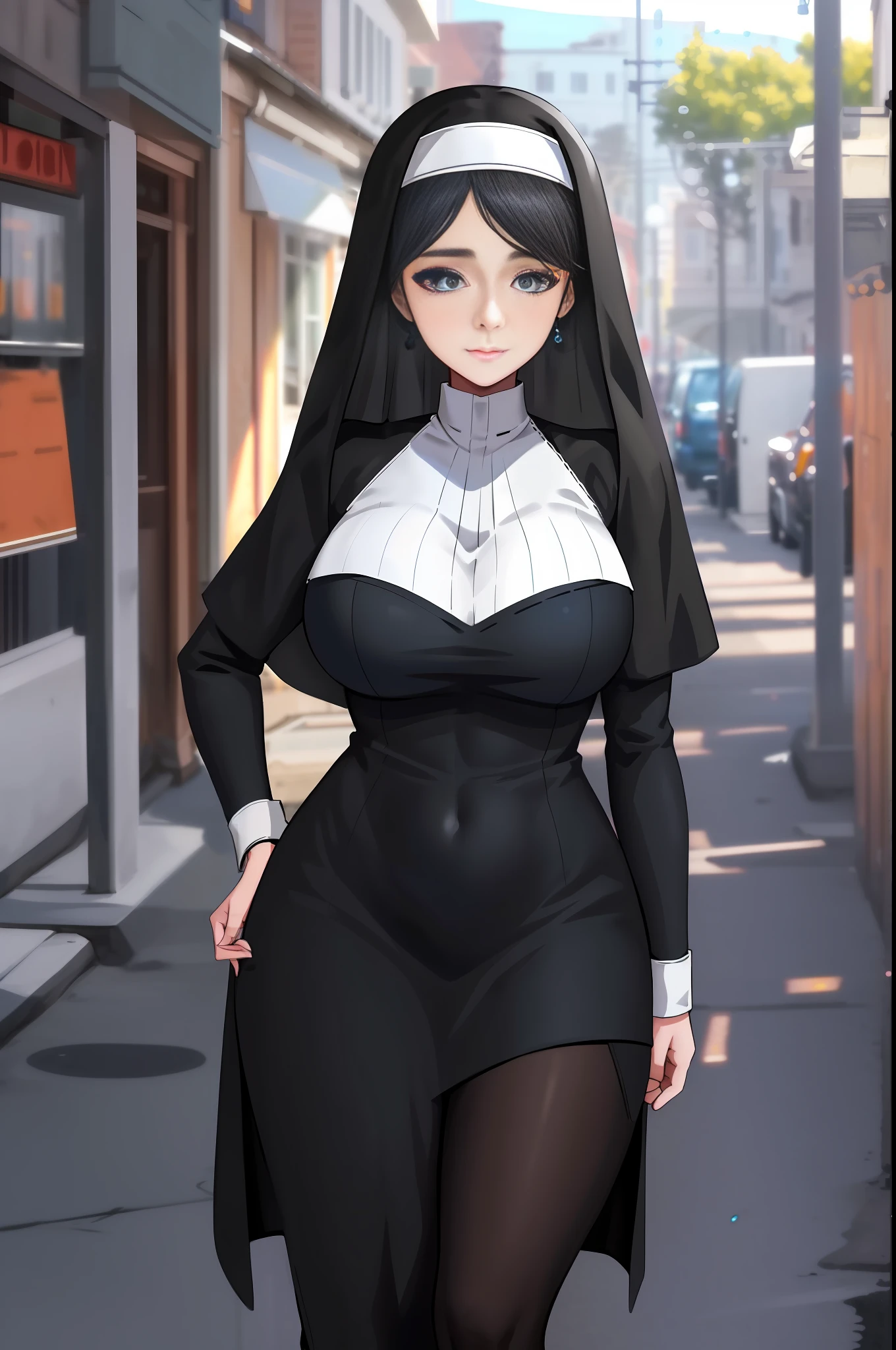 (extremely detailed CG unit 8k wallpaper: 1.1), high resolution, detailed body skin, contrast, color, shadows, street background, 1girl, nun, long black hair, (blue eyes), huge chest, loose breasts, hands on hips, embarrassed, goth