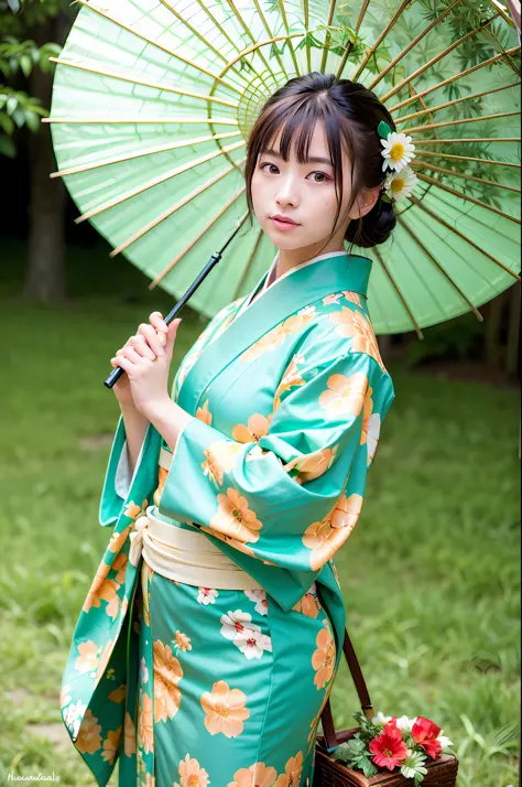 Women, (wearing green kimono_clothes: 1.3), holding an umbrella, holiday
Good hands, 4K, high resolution, masterpiece, top quali...