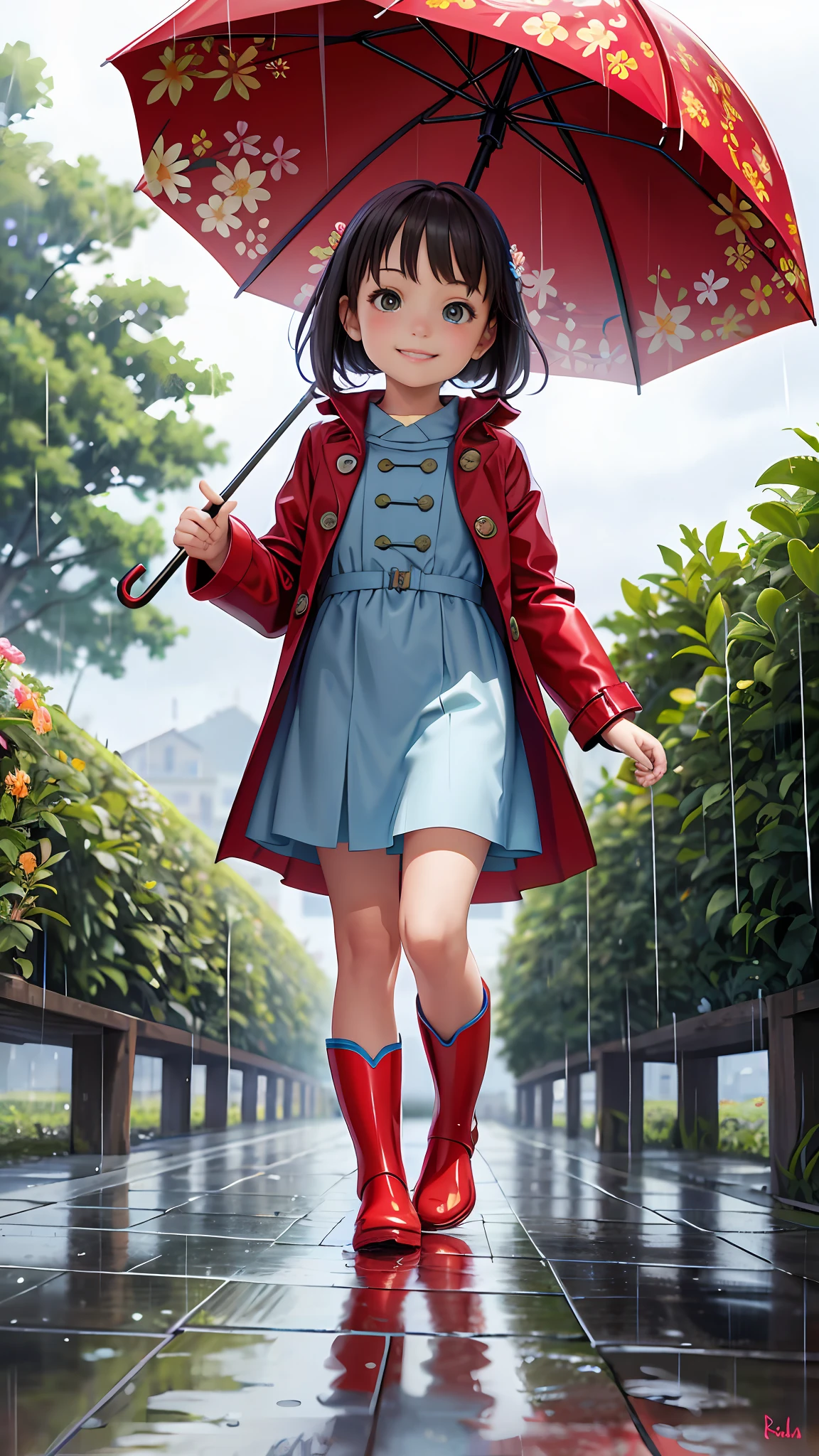 best quality, masterpiece, realistic, photorealism, photo, hdr, detailed, intricate, beautiful scenery, wonderful backround, (perfect face:1.3),Very cute girl, small child, smiling, happy, raining, red raincoat open in front, wearing rain boots, walking with floral umbrella