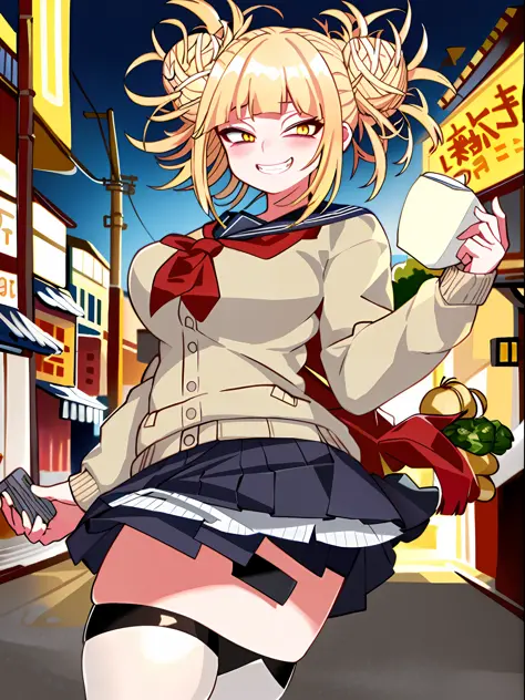 Masterpiece, best quality, 1girl, detailed face, toga himiko, yellow eyes, light from behind, super detailed, grocery store, (large breasts), cinematic lightning, happy, (close-up), looking at viewer, sano br, blonde hair, crazy smile, black panties, ass, ...