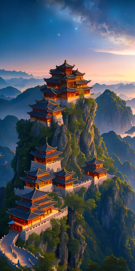 Masterpiece, best quality, high quality, extremely detailed CG unified 8k wallpaper, outdoor, sky, clouds, night, no humans, mountain, Chinese style palace situated on hillside, moonlight, cinemagraph, landscape, water, tree, Chinese Laojun mountain scenic...
