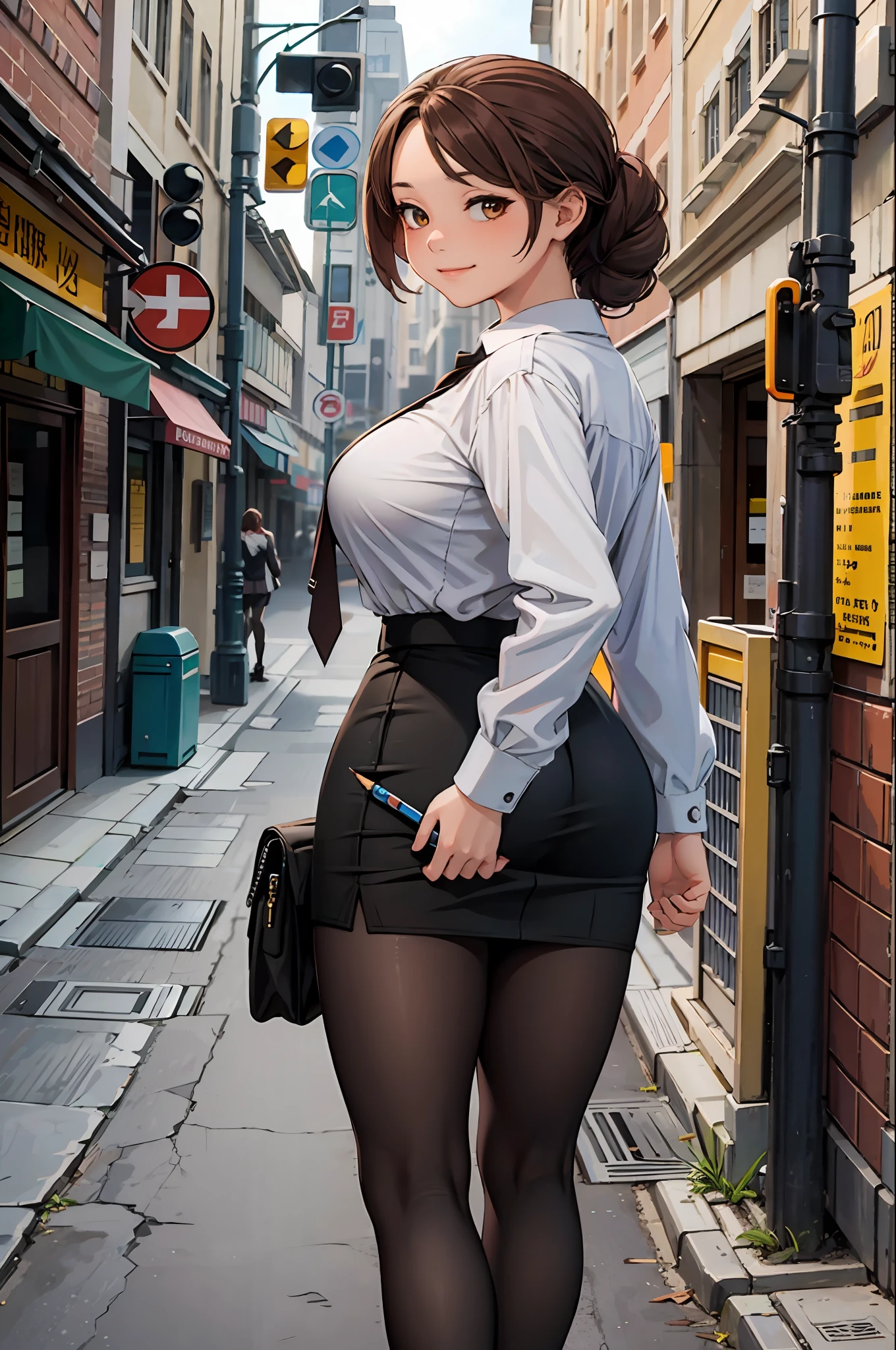 masterpiece, best quality,1girl,young girl, brown eyes, ash brown, french twist,happy smile,one eye close,shiny skin,nice leg line: 1.3,thick thighs, thin waist,huge breasts,school uniform, thighhighs,necktie,((pencil skirt)), pantyhose, city landmark street,looking at viewer,from behind,full body,legsupsexms