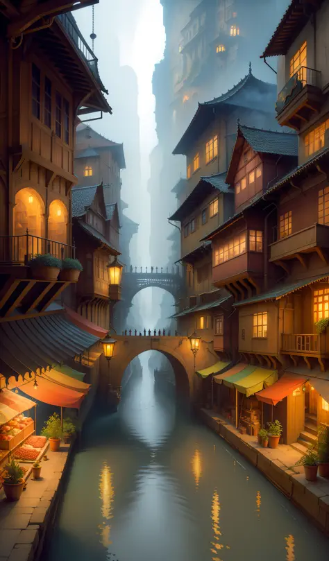((masterpiece)),((best quality)),((high detail)),((realistic,)) Industrial-age city, deep gorges in the middle, architectural streets, bazaars, bridges, rainy days, steampunk, European architecture, vivid colors, cinematic phoso, fog