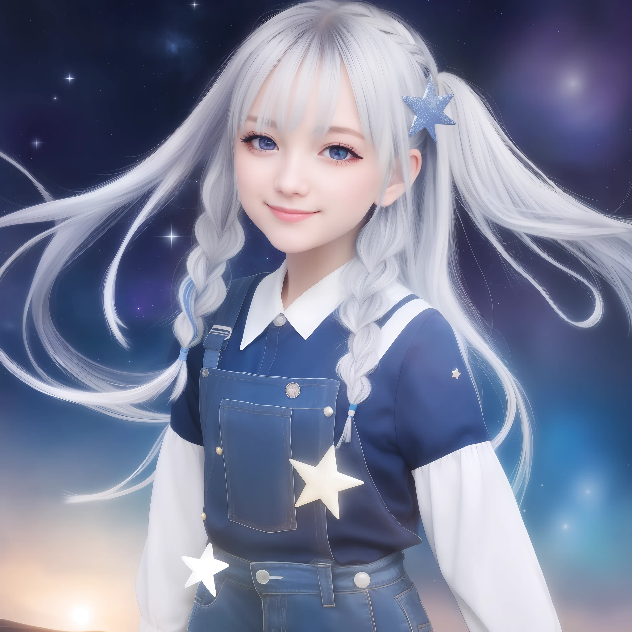 Sister, Night Background, {Masterpiece}, Best Quality, Illustration,, Single, {1 Girl}, {Beautiful Eye of Detail}, Beautiful Galaxy with Details, Sky with Details, Beautiful Water, Beautiful, {{Shorts}, Silver Hair, White Uniform, Long Sleeves, Long Hair, {{White Dungaree}}, Braided Ponytail, Bright Eyes, Bright Smile, {Eye Star} {Glittery Anime Eyes}, Blue Collar, Bright Stars,