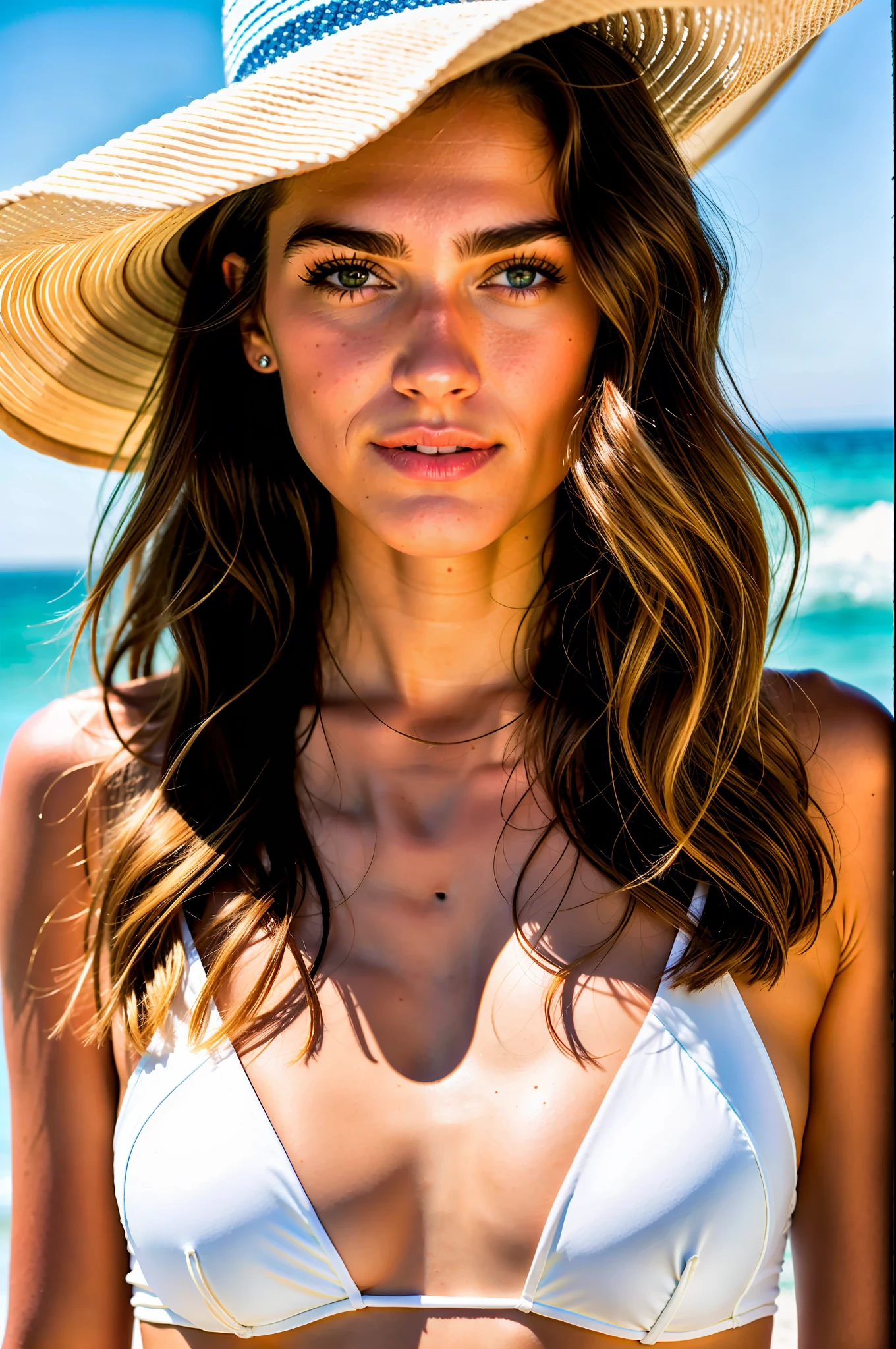 Arafed woman in a white bikini and a straw hat on the beach - SeaArt AI