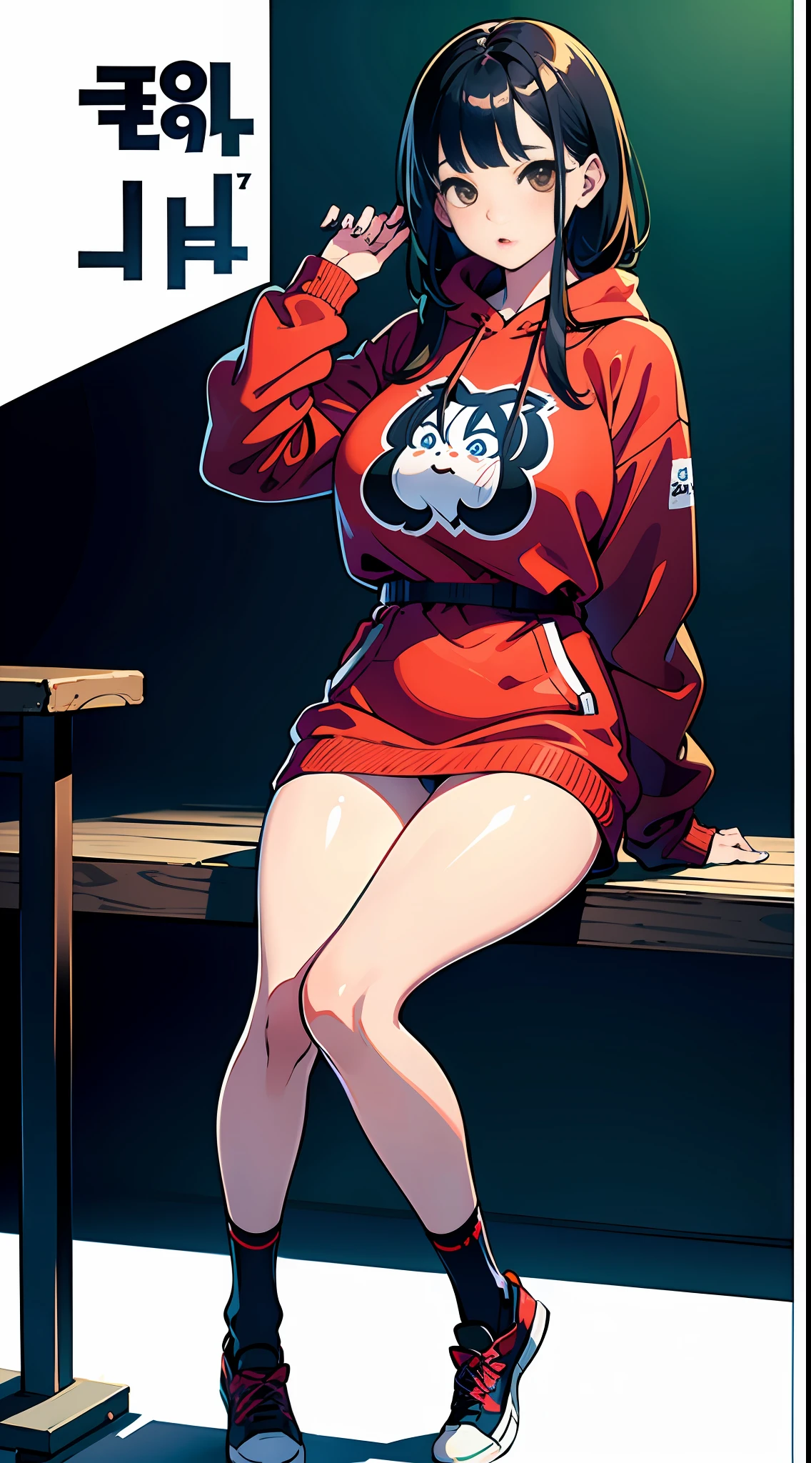 Anime girl in red jacket sitting on bench with her legs crossed - SeaArt AI