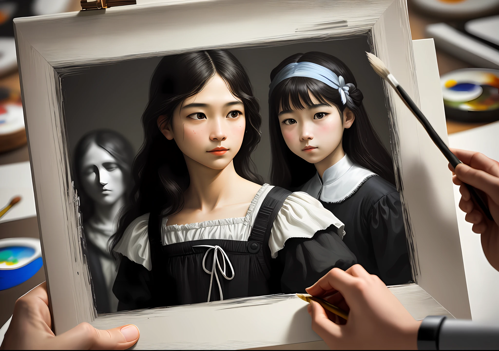 Painting of two girls in black dresses with a brush in front of them