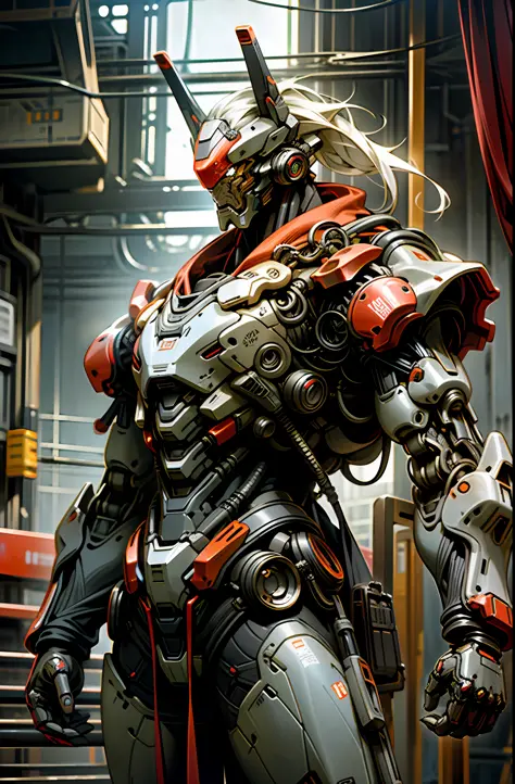 8K wallpapers, ultra-detailed works, cinematic lighting, realistic photos, Dark_Fantasy, Cyberpunk, (chain saw, chain saw man, Red: 1.1), 1man, Mechanical marvel, Robotic presence, Cybernetic guardian, wearing a worn-out mech suit , intricate, (steel metal...