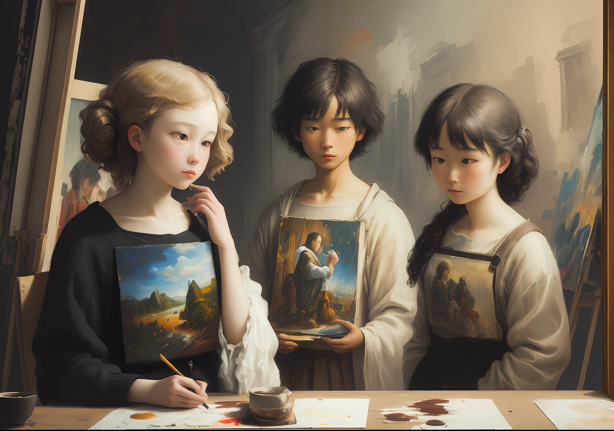 絵画の前に絵を持った3人の少女の絵 - SeaArt AI