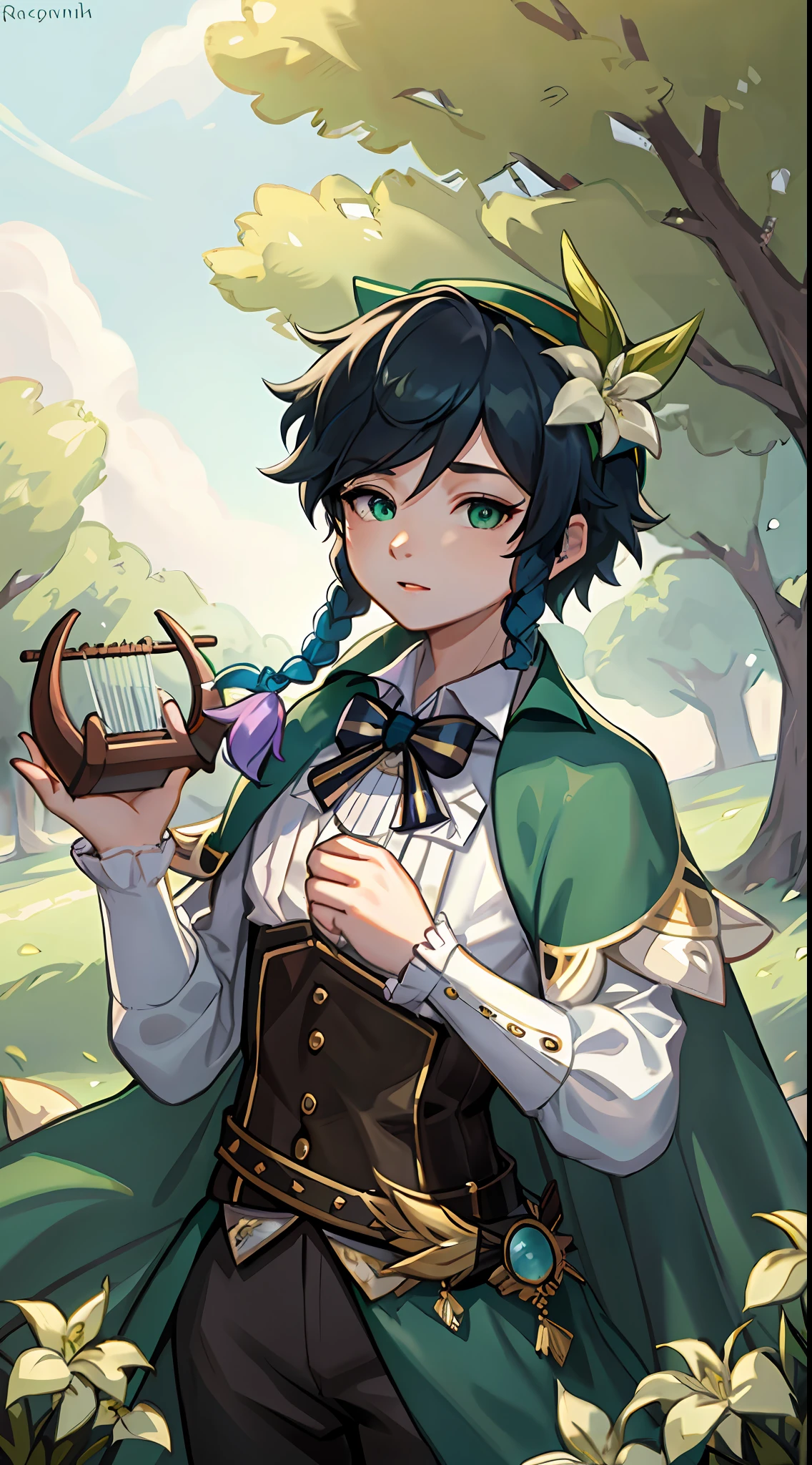 Masterpiece, Best Quality, (Night: 1.6), 1boy, Male Focus, Venti (Genshin Impact), Solo, Green Headdress, Hat, Flowers, Multicolored Hair, Long Sleeves, Braids, Frilly Sleeves, Lyre, Collared Cloak, Double Braid, Berets, Shirts, Long Lock Short Hair, White Flowers, Leaves, Musical Instruments, Bows, Blue Hair, Gradient Hair, Brunette Hair, Bangs, White Shirt, Ruffles, Handheld Instrument, Cloak, Corset, Green Eyes, Collared Shirt, Hermaphroditic, Musical Notes, Holding, outdoors, looking at the audience, (kbxll:0.6)