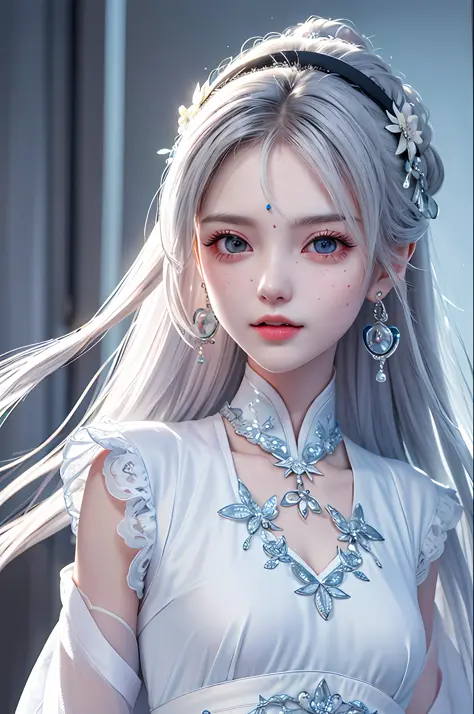 (Best Quality, Masterpiece: 1.2), Ultra High Resolution, Realistic, Front Lighting, Intricate Details, Delicate Details and Textures, 1girl, Solo, (Young), Facial Highlight, Upper Body, Detail Face, Tear Mole, Freckles, White Skin, Silver Hair, High Ponyta...