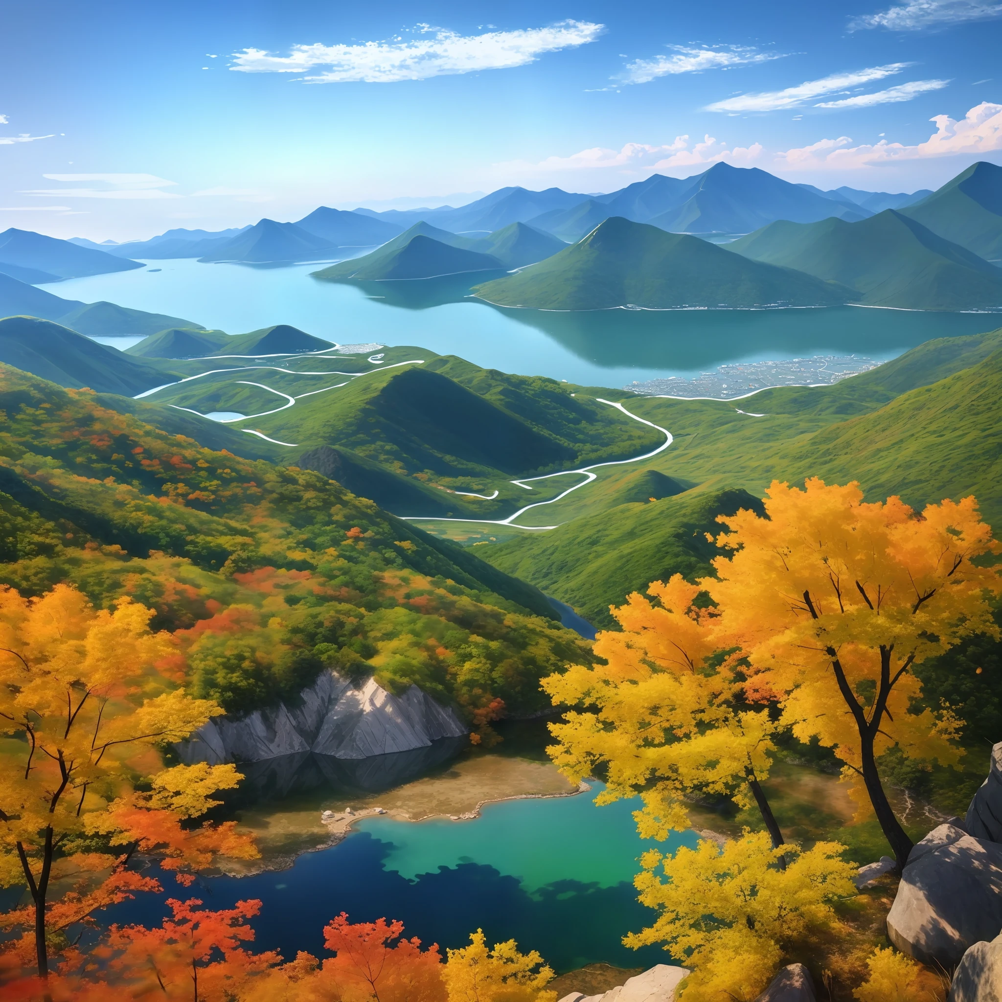 A beautiful Korean mountain and lake, (masterpiece), (portrait), (raw photo), (highly detailed CG unity 8k wallpaper) intricate, sharp focus, dramatic, realistic art