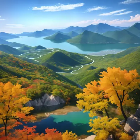 a beautiful korean mountain and lake, (masterpiece), (portrait), (raw photo), (highly detailed cg unity 8k wallpaper) intricate,...