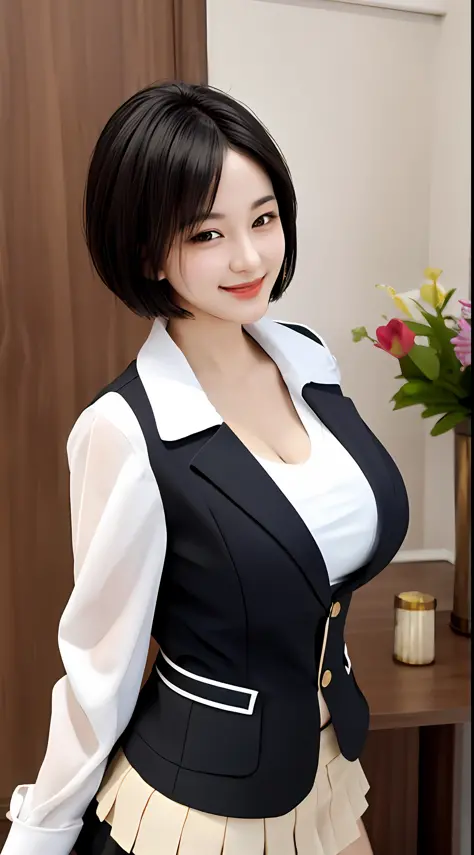 top quality, masterpiece, 1 girl, beautiful face, large breasts, upper body, black hair, short hair, uniform, smile, beautiful b...