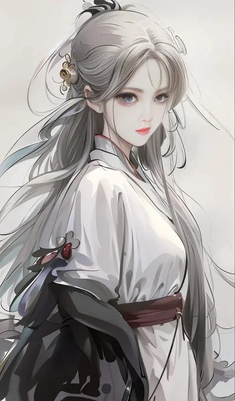 Immortal fluttering, complex and magnificent ancient white long and thin curls, white smooth ancient Chinese Hanfu, 20-year-old ancient Chinese teenager, small red lips, delicate nose bridge and face, big eyes, eye determination, movie lens, Qi Baishi styl...