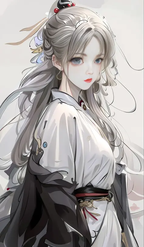 Immortal fluttering, complex and magnificent ancient white long and thin curls, white smooth ancient Chinese Hanfu, 20-year-old ancient Chinese teenager, small red lips, delicate nose bridge and face, big eyes, eye determination, movie lens, Qi Baishi styl...