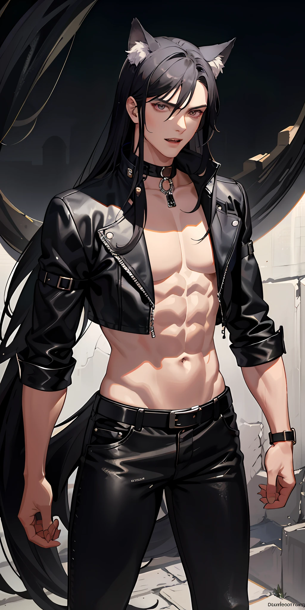 Anime guy with black hair and a leather jacket posing for a picture -  SeaArt AI