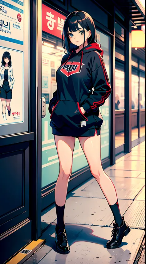 girl, large sweatshirt, advertising image, korean female fashion model, satin, looks realistic, pop, funny outfit, sexy girl, beautiful, edgy, no panties, no pubic hair, big breasts fat buttocks, black knee-length socks