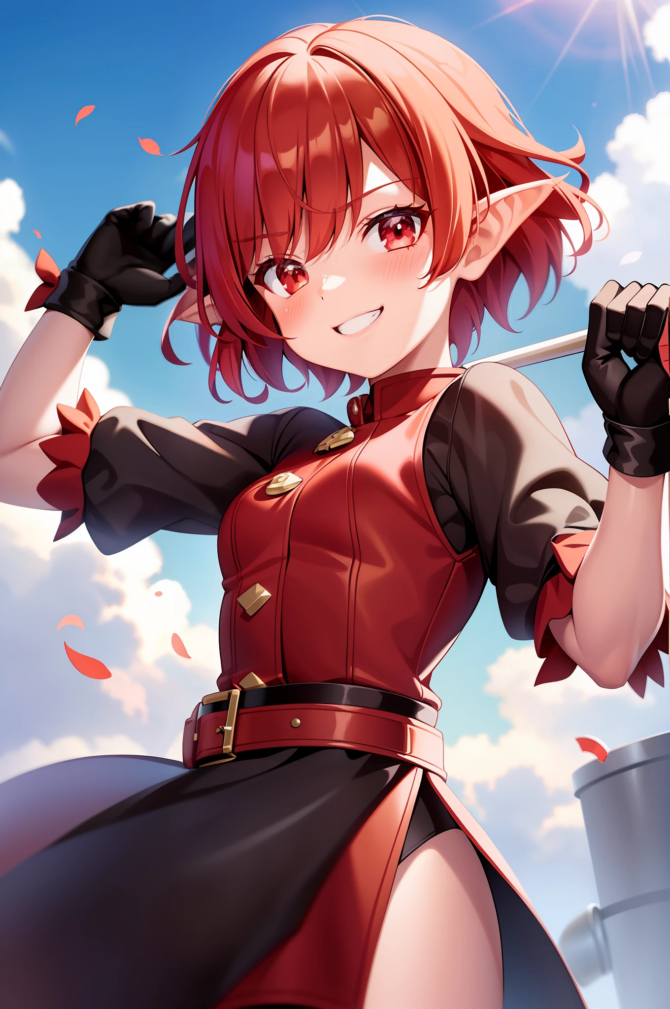 1 Girl, red_eyes,pointy_ears, short_hair,Redhead,red_hair, Solo, Sleeveless, short_sleeves, puffy_sleeves, puffy_short_sleeves, brown_jacket, Dwarf, Redhead, Smile, Bangs, Grinning, Small, Sunlight, Rays, Blacksmith, Gloves, Hammer, Short Stures