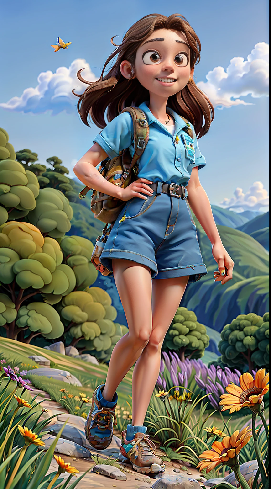 (Best quality, masterpiece), a cute girl with a hiking bag on her back, running on a mountain path with tall flowers and meadows on both sides, sun, nature, spring, happiness, blue sky in the background